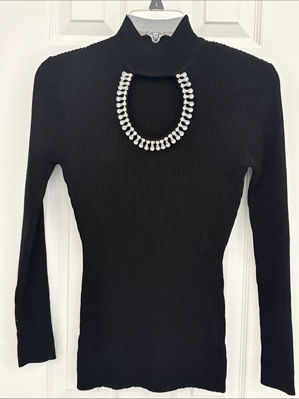 Black Ribbed Mock Neck Long Sleeve Top with Rhinestone Keyhole